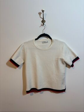 Zara Cream Short Sleeve Knit Top with Navy and Red Trim